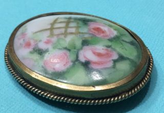 Antique Vintage Victorian Hand Painted Porcelain Brooch Pin Roses C Clasp Flower