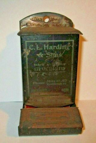 Vintage Advertising Tin Match Holder Safe Harding Grocery Freeport Ohio W Match