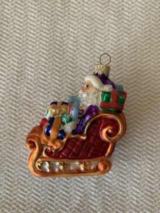 Vintage Christopher Radko Santa In Sleigh Glass Ornament