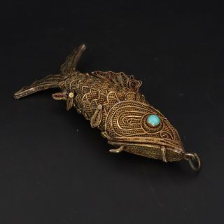 Vtg Sterling Silver Chinese Export Turquoise Movable Fish Keep Box Pendant - 13g
