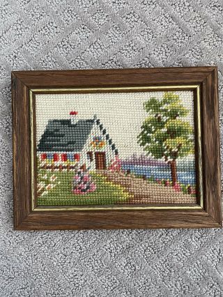 Vtg Farm House Framed Cross Stitch Country Home Framed Needle Point Art Crewel