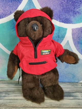 Ll Bean Teddy Bear Plush 18 " With Red Hoodie Parka & Blue Backpack Vintage Euc