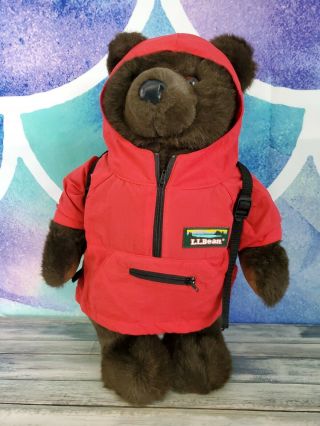 Ll Bean Teddy Bear Plush 18 " With Red Hoodie Long Parka & Blue Backpack Vintage