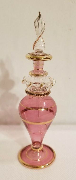 Perfume Bottle With Dabber - Vintage Pink Glass With Gold Trim 5 "