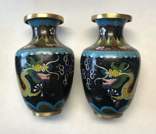 Pair Vintage Chinese Cloisonne Vases W/ Double 5 Claw Dragons Flaming Pearl