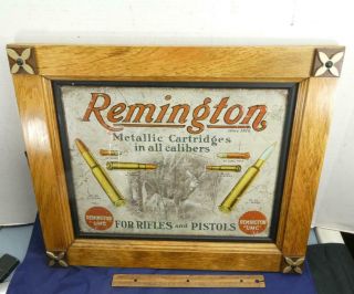 Vtg Remington Firearms Rifles Pistols Tin Sign W Handmade Wood Frame Western
