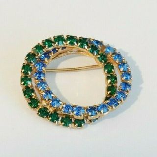 Vintage Prong Set Emerald Green & Blue Rhinestone Brooch Pin Love Knot / Rings