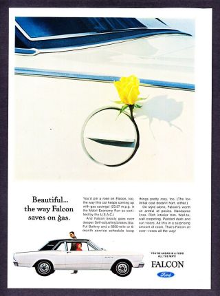 1966 Ford Falcon Futura Sport Coupe & Rose Photo " Saves On Gas " Vintage Print Ad