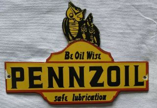 Vintage Pennzoil Owl Porcelain Sign Car Gas Oil Truck Gasoline Automotive