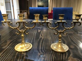Vintage Brass Candlestick Holders Pair 3 Arm Each Marked M One Doesn’t Look