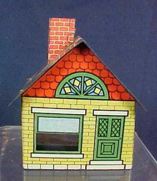 Vintage Yellow Brick House Building Chimney Tin Candy Container Glass Insert