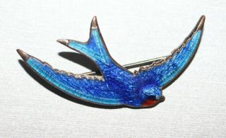 Vintage Estate Enamelled Blue Bird Swallow Sparrow Guilloche Brooch Pin