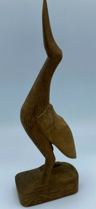 Vintage Hand Carved Dark Wooden Egret Heron Crane Bird 11 " Tall Collectible Wood