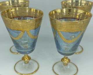 Vintage Set Of 4 J Preziosi Lavorato A Mano Italy,  Blue And Gold Cocktail Stems