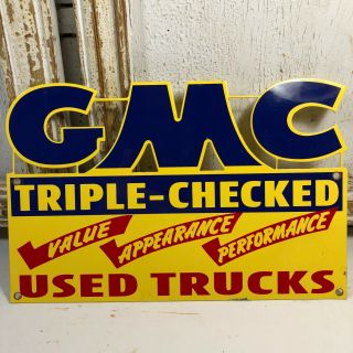 Vintage Porcelain Gmc Triple - Checked Trucks Metal Gas Oil Sign