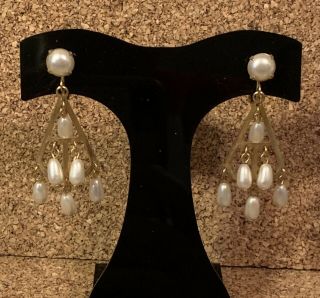 Vintage Teardrop Shaped Gold Tone Dangle Clip Earrings Faux Pearls 2”