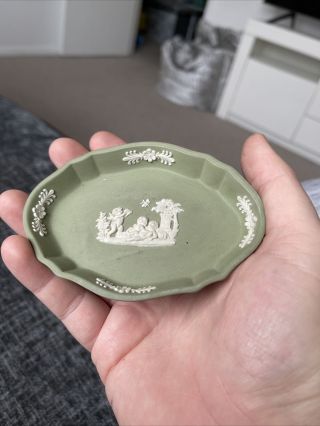 Vintage Wedgewood Green Jasperware Oval Shaped Trinket Dish