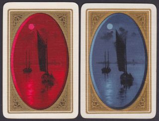 2 Single Vintage Swap/playing Cards Sail Boats At Dusk Bronze Frame Detail
