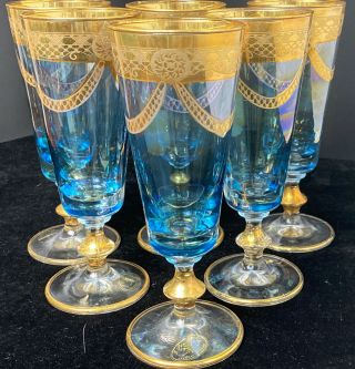 Vintage Set Of 6 J Preziosi Lavorato A Mano Italy,  Blue And Gold Fluted Goblets