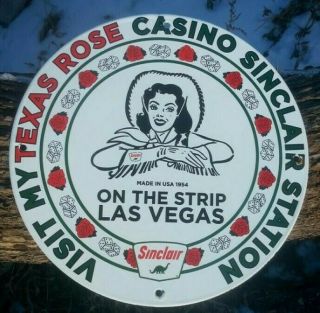 Old Vintage 1954 Porcelain Sign Sinclair Vegas Strip Gas Texas Rose Casino Dino