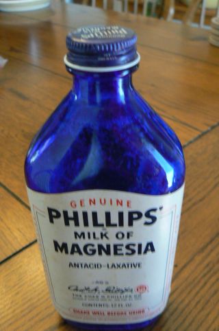 Vintage Phillips Milk Of Magnesia Cobalt Blue Bottle Label Metal Lid 12 Oz