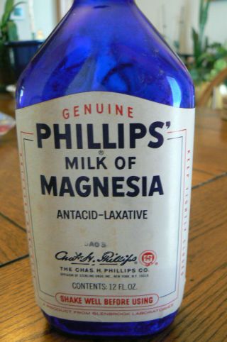 Vintage Phillips Milk of Magnesia Cobalt Blue Bottle Label Metal Lid 12 oz 2