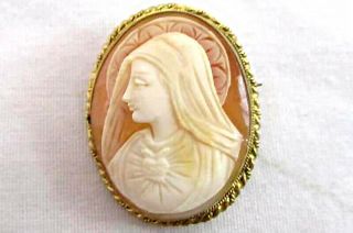 Vintage Madonna Virgin Mary Carved Cameo Brooch Pin Gold Tone Orange