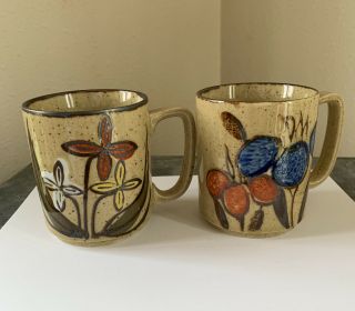 Vintage Otagiri Speckled Stoneware Coffee Mugs Mcm Garden Flowers Poppies Mug