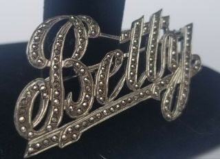 Vintage Art Deco Era Sterling Silver and Marcasite Script Name Pin Brooch Betty 2