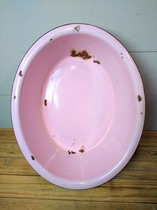 Vintage Pink Enamel Porcelain Baby Bath Tub Wash Basin 20.  5 " X 16.  5 "