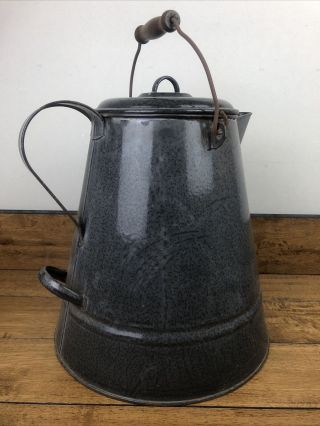 Vintage Granite Enamel Ware Gray Speckled Extra Large Cowboy Coffee Pot