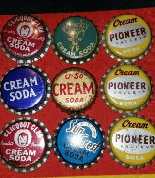 9 Vintage Assorted Cream Soda Bottle Caps - Corked - Old Stock