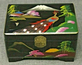 Vintage Japanese Hp Black Lacquer Musical Jewelry Box,  Peacock Fuji Ships Vguc