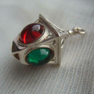 Vintage Solid Silver Gem Set Foiled Ruby & Emerald Glass Lantern Pendant Charm