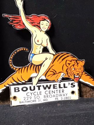 Vintage Boutwell ' s Cycle Center Porcelain Sign Dealer Sign Tiger Pinup 2