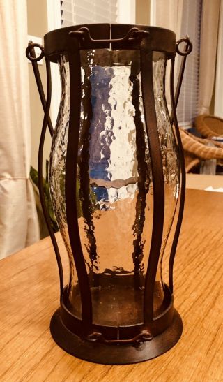 Large 12 " Tall Vintage Metal/glass/bronze Candle Holder Lantern Lamp W/hinges