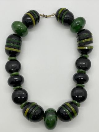 Vintage Art Deco Large Green And Black Bakelite Statement Beaded Necklace