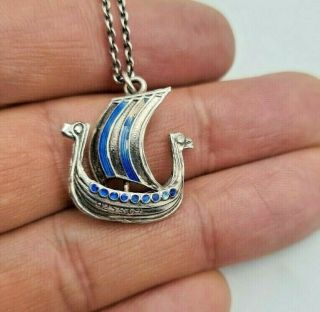 Vintage Signed 925 S Sterling Silver Enamel Viking Ship Pendant & Chain Norway