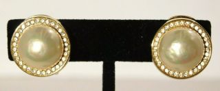 Vtg.  Christian Dior Gold Tone Round Faux Pearl & Pave Crystal Clip Earrings