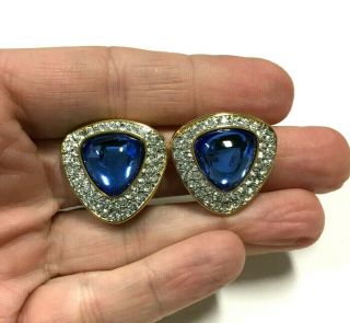 Vtg Swarovski Signed Sal Clip Earrings Pave Rhinestone Blue Sapphire Gold Zz13o