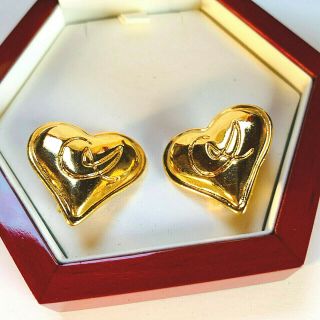 Vintage Signed Christian Lacroix Gold Plated Logo Heart Clip On Earrings