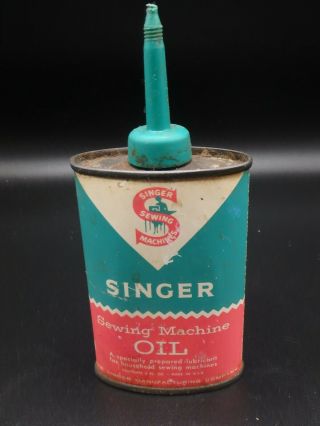 Vintage Singer Sewing Machines Oil Can Oval Metal 3 Fl.  Oz.  Green & Pink