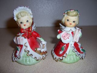 2 Vtg Lefton Porcelain Christmas Angel Girl Bell Figurines