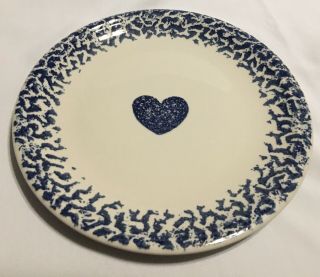 Vintage Folk Craft Dinner Plate Hearts Blue Sponge 10 1/4” By Tienshan Euc