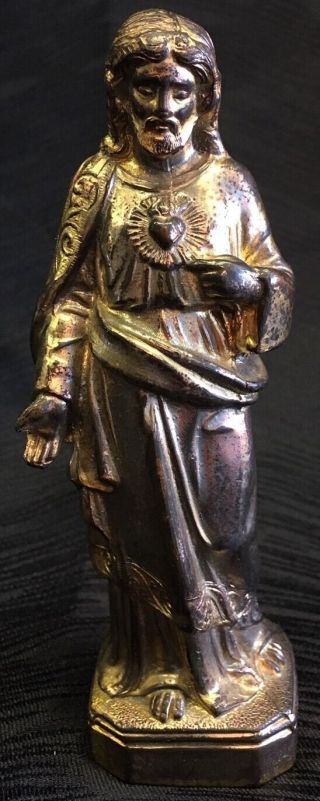Vintage Atq Sacred Heart Of Jesus Cast Metal Statue Figurine Catholic Religious