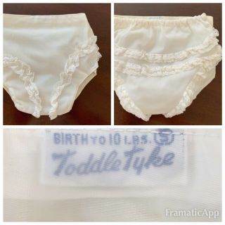 Vintage Toddle Tyke Baby Diaper Cover Plastic - Lined Ivory Ruffle Lace (to 10lb)