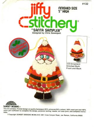 Vtg 79 Jiffy Stitchery 3d Two Sided 5 " Santa Sampler Ornament Embroidery Kit 132