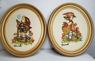 Vintage - Set Of 2 Hummel Cruel Embroidered Oval Framed Pictures Boy/girl 10 " X 12