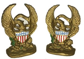 Vtg Hubley Cast Iron American Flag Eagle Bookends “665” Shield E Pluribus Unum