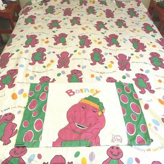 Barney The Dinosaur Twin Flat Bed Sheet Pillow Case " I Love You " Vintage 1992